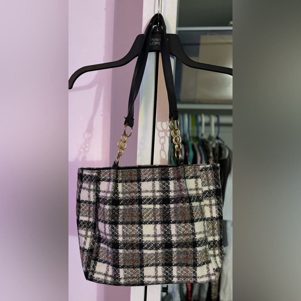 Multi colored plaid shoulder bag